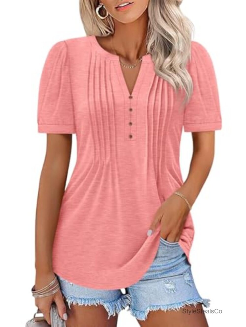 Womens Pleated V Neck Puff Short Sleeve Top Casual Summer T-Shirt